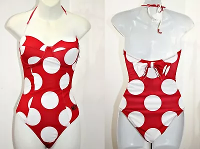 Moschino Polka Dot Back Bow Bandeau Cheeky One Piece Swimsuit Red-White  Sz 38/L • $179.99