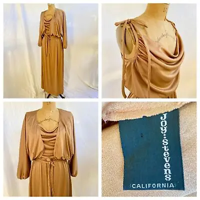 Vtg 70s JOY STEVENS Minimalist Mod Disco Column Grecian Maxi Dress Jacket Boho M • $59.95