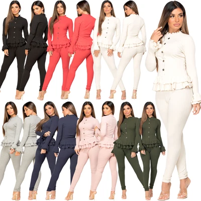 £22.99 • Buy Womens Gold Button Loungewear Suit 2 Pc Frill Peplum Rib Fine Knit Tracksuit Set