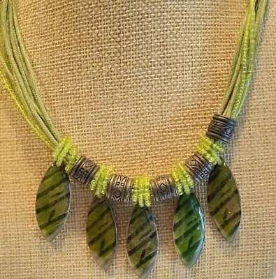 Vintage Moroccan Silver Tone Green Brown Beaded Art Glass Choker Necklace 16” • $28