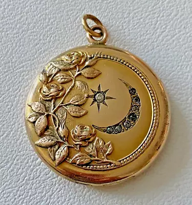 Antique GOLD Fill Locket Repousse Roses Crescent Moon & Star • $395.95