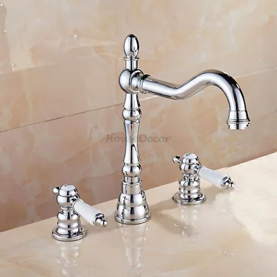 Traditional Chrome Bathroom 3 Hole Taps Dual Ceramic Handle Sink Mixer Faucet • £95.76