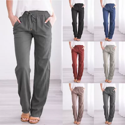 Women Cotton Linen Trousers Ladies Summer Casual Elastic Waist Bottoms Pants UK • £10.99