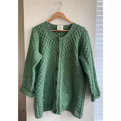 Vintage Light Green Cable-knit Irish Merino Wool Chunky Fisherman's Cardigan • $42