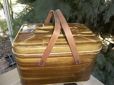 Vintage 1950's Metal Tin Picnic Basket Wood Tone Wood Handles Faux Bois Design • $19.99