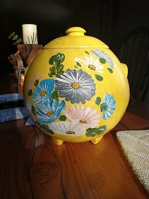 Ransburg Yellow Round Cookie Jar Canister Hand Painted Flowers With Lid Vintage • $28