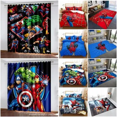 3D Marvel Avengers Bedding Set Spiderman Floor Mat Carpet Curtains Blanket Gift • £12.58