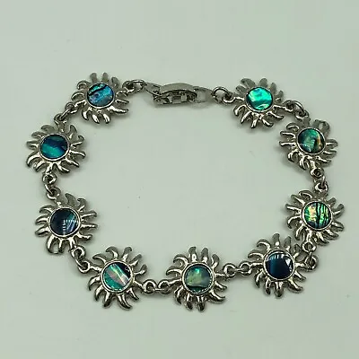 VINTAGE Bracelet Silver Tone & Abalone Sun Links Retro Christmas Party Gift • £9