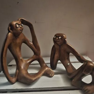 Pair Vintage MCM Whimsical Ceramic Reclining Thinking Smoking Monkey Figures • $20