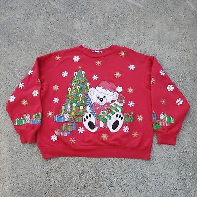 Vintage Ugly Christmas Sweater Womens Large Red Sweatshirt 90s Teddy Bear • $16.99
