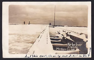 Indiana-IN-Michigan City-RPPC-Harbor Scene-Winter-Antique Real Photo Postcard • $9.95