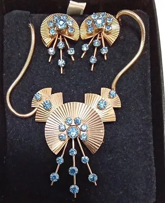 Vtg KREMENTZ Gold & Blue Rhinestone Necklace & Earrings   NOS • $100