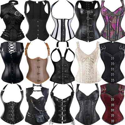 Women Steampunk Gothic Boned Corset Burlesque Basque Top Lace Up Costume Vest • £23.99