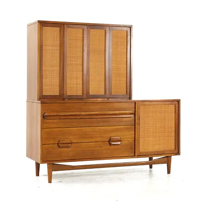 Lawrence Peabody Mid Century Walnut And Cane Buffet With Hutch • $3947