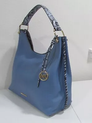 Michael Kors Joan XL Blue Leather Whipstitch Python Accents Shoulder Bag Hobo • $225