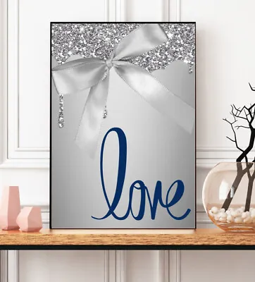 Digital Glitter Print Silver Navy Blue Love Couples A3 Bedroom Picture Wall Art • £12.99