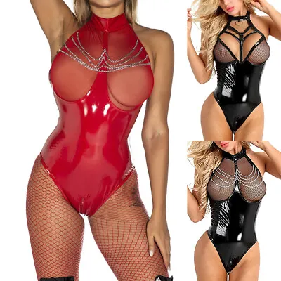 £2.99 • Buy Sexy Womens PVC Leather Lingerie WET LOOK Crotchless Bodysuit SM Cosplay Outfit