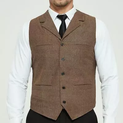 Mens Vintage Tweed Waistcoat Wool Blend Herringbone Lapel Slim Fit Vest Formal • $14.93