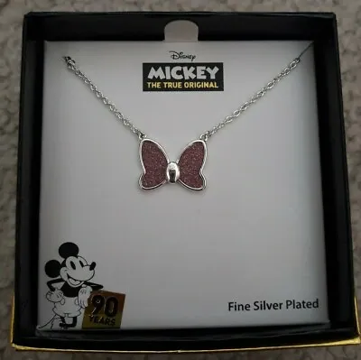 NIB Disney's 90 Years Minnie Mouse Bow Silver Plated Brass With Glitter Necklace • $21.98