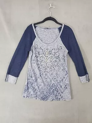 Miss Me Womens Shirt Rinestones Size Medium Gray Blue 3/4 Sleeve • $13.30