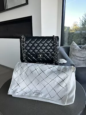 CHANEL Classic Jumbo Double Flap Bag Lambskin Leather Silver Hardware Black • $3700