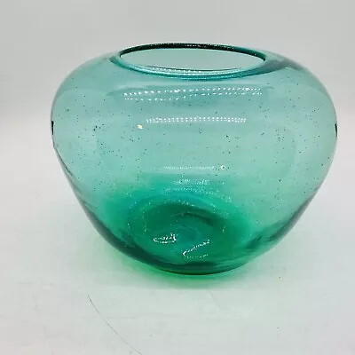 Vintage Seeded Hand Blown Art Glass Sea Green Fish Bowl Vase 4.5” Tall Pontil • $30