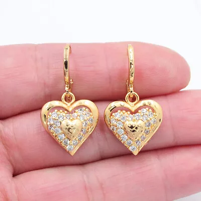 18K Yellow Gold Filled Clear Topaz Laser Engraving Love Hearts Dangle Earrings • £4.99