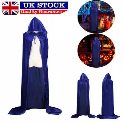 UK Velvet Hooded Cloak Medieval Pagan Witch Vampire Capes Halloween Fancy Dress • £12.98