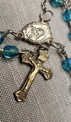 Vintage Rosary Turquoise Glass Beads Sterling Silver Crucifix Christian H90 • $44.99