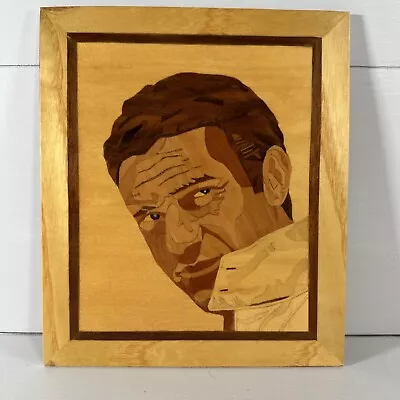 Folk Art Marquetry Wood Inlay Actor Steve McQueen Wall Plaque Approx. 9” X 8” • $25