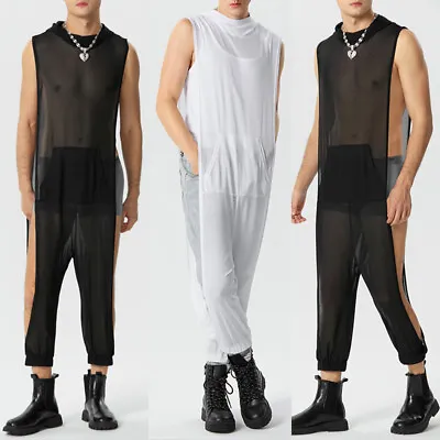 INCERUN Mens Hoody Sleeveless Jumpsuits Playsuits Mesh Sheer Party Pants S-5XL • $23.74