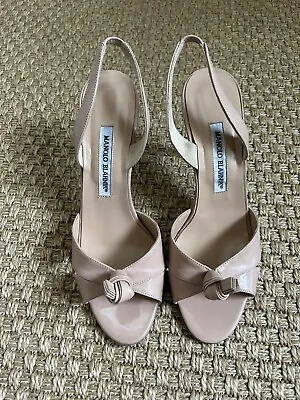 MANOLO BLAHNIK Patent Criss Cross Knot Heels Nude/Pale Pink 39.5 • $131.25