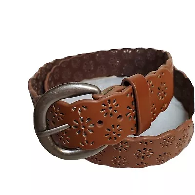 Vintage Boho Tooled Belt Womens Large Leather Lining Flower 1.5  Brown Buckle • $19.99