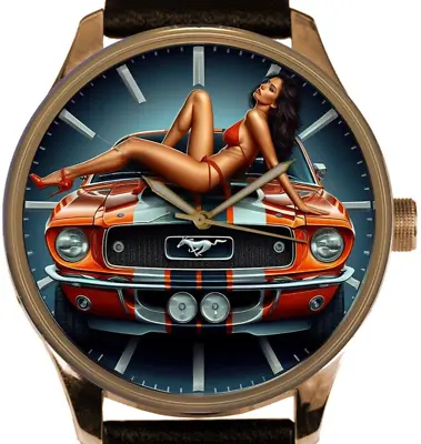Classic Orange Mustang With Pinup Babe On Bonnet Solid Brass Collectible Watch • $129.99