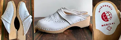 Vtg Nurse Medical Leather Clogs Wood Shoes Heels Platform White 39 8 Euc Clean • $64