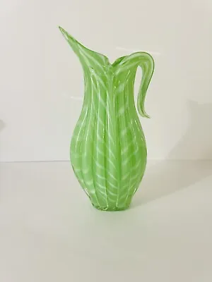 MCM Murano Style Hand Made Blown Green And White Two Tone Art Glass Vase Pitcher • $35