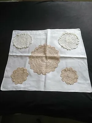 Vintage Self Patterned Tablecloth Set 3 Maltese Lace Doilies&2 Cream Doilies • $12.62