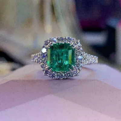 3 Ct Emerald Cut Green Simulated Diamond Halo Wedding Ring 14K White Gold Plated • £73.99