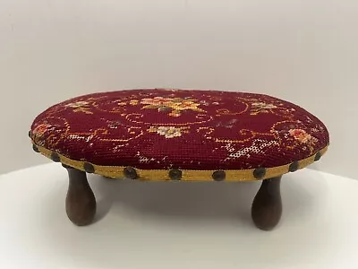 Antique Needlepoint Foot Stool  Wood 13.5in X 10in Oval X 5in Tall Vintage • $43.97