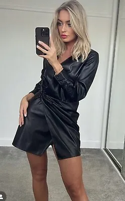 Zara Black Faux Leather Draped Shirt Short Dress Size Medium   Bnwt • £24.99