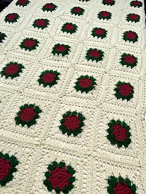 Vintage 50 X69” Crochet Green Rose Floral Afghan Granny Square Handmade Blanket • $28.88