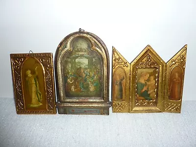 3 Vintage Antique Religious Gold Gilt Framed Pictures Triptych Angel Madonna + • $39.99