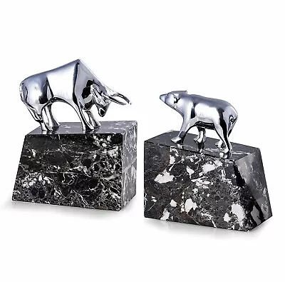 Wall Street Bull And Bear Bookends - Silver Plated Metal And Marble Bookends • $170