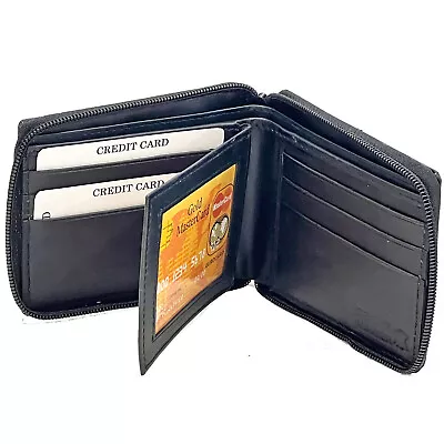 Mens Genuine Leather Zip Secure Zipper Around Wallet Black Billfold Credit Card • $8.50