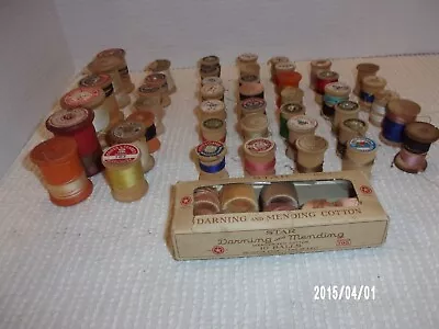 Vintage Wood Thread Spools Lot Of 44 Plus Box Of Darning Cotton Thread • $29