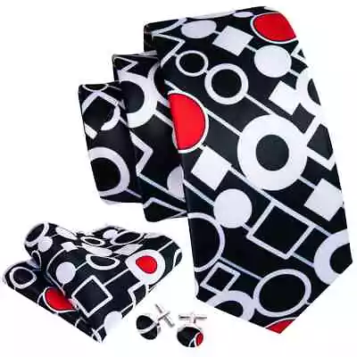 Barry.Wang Men's Black White Red Novelty Silk Tie Hanky Cufflinks Party Set • $2.95