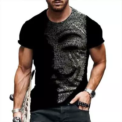 $18.86 • Buy T-Shirt Men Fashion Anonymous Face Mask Print Short Sleeve Casual Black T Shirts