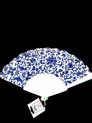 Blue & White Foldable Hand Fan Fabric Floral Design New • $10