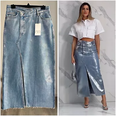 Zara Trf Metallic Denim Asymmetric Skirt Nwt All Sizes • $69