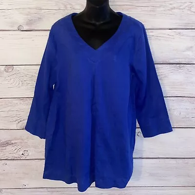 Tyler Boe Womens Long Tunic Shirt L Blue Linen Pullover 3/4 Sleeves  B18 • $23.96